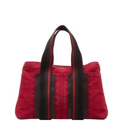 Pre-owned Hermes Brown Red Color Canvas Handbag Tote Bag () In Brown, Red Color