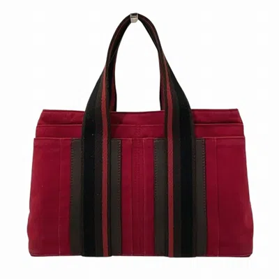 Pre-owned Hermes Brown Red Color Canvas Leather Tote Bag ()