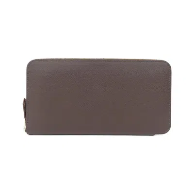 Pre-owned Hermes Brown Silk Leather Long Wallet (bi-fold) ()