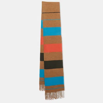 Pre-owned Hermes Brown Stripe Cashmere Fringed Stole
