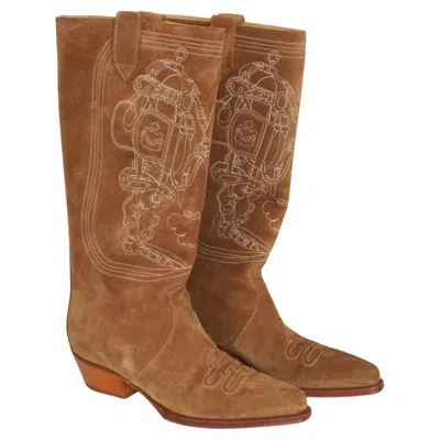Pre-owned Hermes Hermès Brown Suede Calfskin Folk 35 Embroidered Cowboy Boots Sz 38