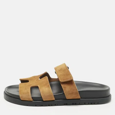 Pre-owned Hermes Brown Suede Chypre Flat Slides Size 36.5