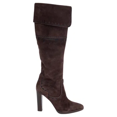 Pre-owned Hermes Brown Suede Embroidered Crusader Knee High Platform Boots Shoes 38