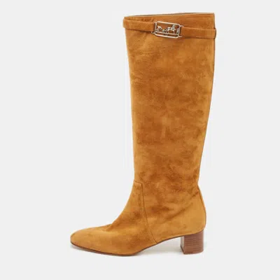 Pre-owned Hermes Brown Suede Knee Length Versailles Boots Size 38.5