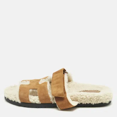 Pre-owned Hermes Brown Suede Shearling Fur Chypre Sandals Size 39.5