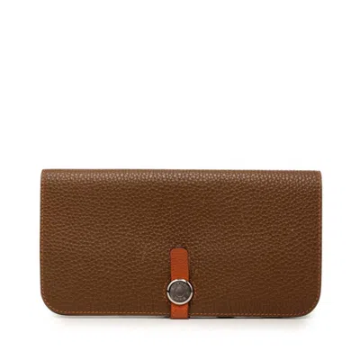Pre-owned Hermes Brown Taurillon Clemence Leather Long Wallet (bi-fold) ()