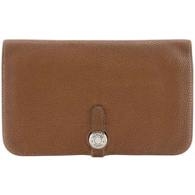 Pre-owned Hermes Brown Taurillon Clemence Leather Long Wallet (bi-fold) ()