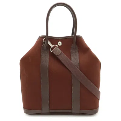 Pre-owned Hermes Brown Toile Officier Leather Shoulder Bag Tote Bag ()