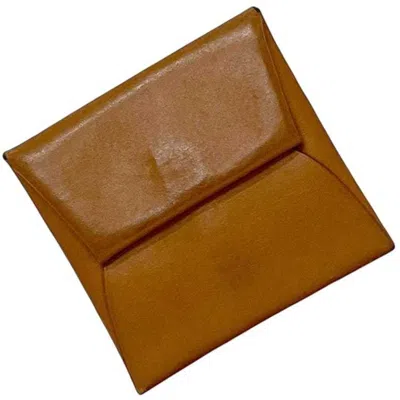 Pre-owned Hermes Brown Yellow Leather Box Calf Leather Chevre Leather Coin Purse/coin Case () In Brown, Yellow
