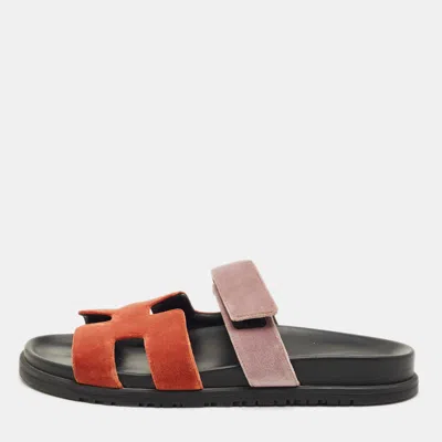 Pre-owned Hermes Hermès Brown/beige Velvet Chypre Flat Sandals Size 40