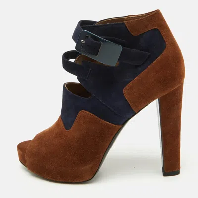 Pre-owned Hermes Brown/blue Suede Double Ankle Strap Open Toe Booties Size 37