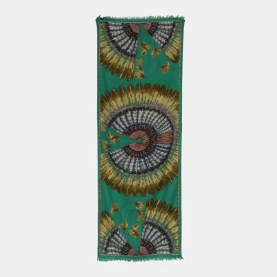 Pre-owned Hermes Brown/green Silk Fringe Scarf