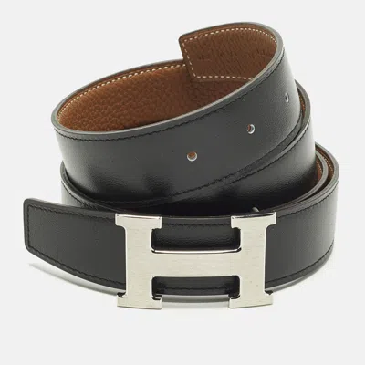 Pre-owned Hermes Hermès Brushed H Buckle 105 Cm Reversible Belt Noir/gold Box And Togo Leather In Black