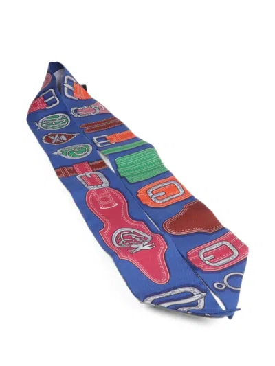 Pre-owned Hermes Buckle-print Silk Scarf In Blue