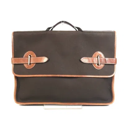 Pre-owned Hermes Buenaventura Brown Leather Canvas Briefcase Tote Bag ()