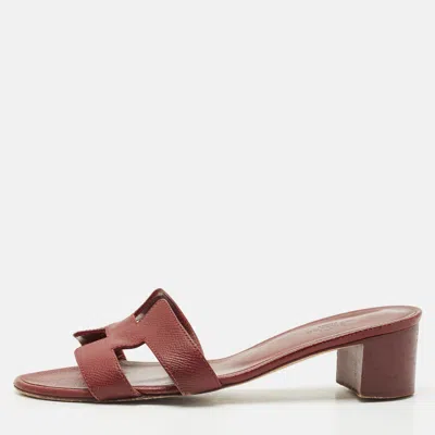 Pre-owned Hermes Burgundy Leather Oasis Slide Sandals Size 37.5