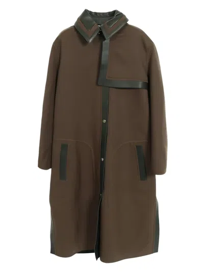 Pre-owned Hermes Buttoned Leather-trim Coat In Brown