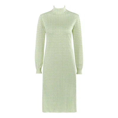 Pre-owned Hermes C.1970s Green White Printed Knit Long Sleeve Turtleneck Midi Dress
