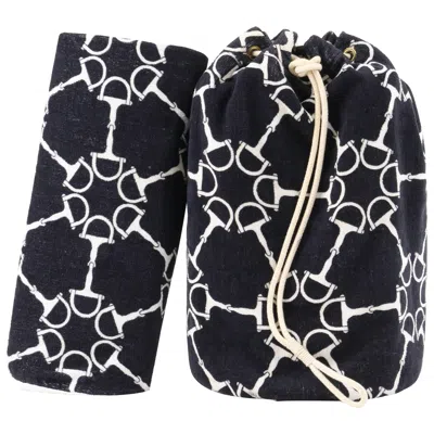 Pre-owned Hermes C.1980's 2pc Navy & White Horse Bit Beach Towel Drawstring Bucket Bag Set