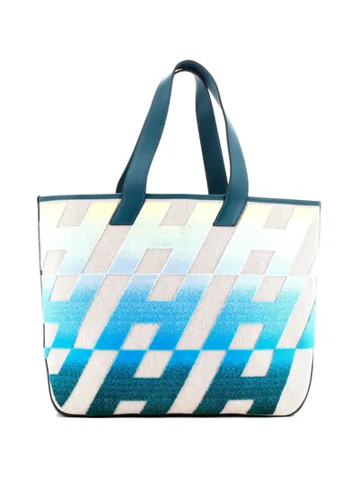 Pre-owned Hermes Cabas H En Biais Tufted Motif Canvas With Leather 40 Tote Bag In Blue