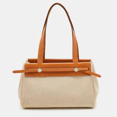 Pre-owned Hermes Cabas Herbag Pm Ecru/natural Toile And Vache Leather Tote In Beige