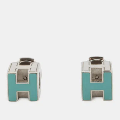 Pre-owned Hermes Cage Do Ash H Cube Earrings Light Blue Metal