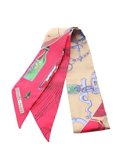 Pre-owned Hermes Caleche Mors Et Bouteilles Printed Ribbon Scarf In Red