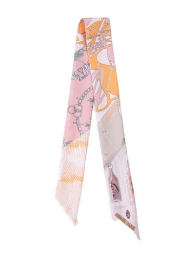 Pre-owned Hermes Calèche Mors Et Bouteilles Silk Twilly Scarf In Pink