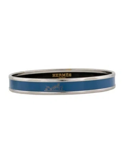 Pre-owned Hermes Caléche Narrow Enamel Bangle Bracelet, 7.25" In Blue