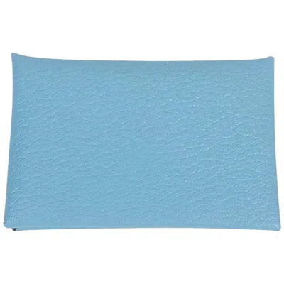 Pre-owned Hermes Calvi Blue Celeste Card Holder Chevre Mysore Leather