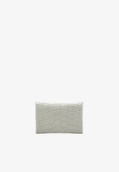Pre-owned Hermes Calvi Cardholder In Gris Ciment Matte Alligator With Palladium Hardware