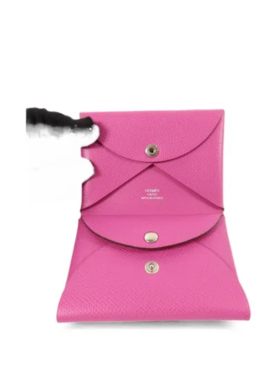 Pre-owned Hermes Calvi Duo Card Holder In Pink