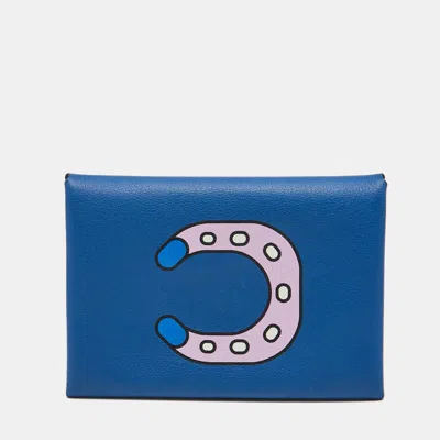 Pre-owned Hermes Hermès Calvi Duo Compact Bleu France/mauve Sylvestre Fer A Cheval Swift Leather Card Holder In Blue