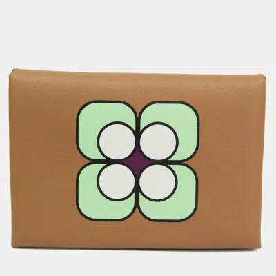 Pre-owned Hermes Calvi Duo Imprime Biscuit Multicolor Swift Leather Card Case In Brown