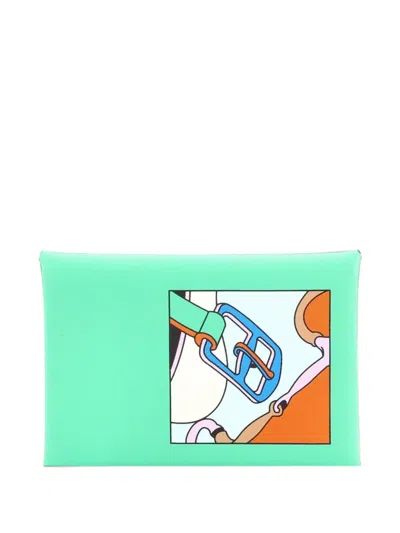 Pre-owned Hermes Calvi Duo Printed Leather Card Holder In Green