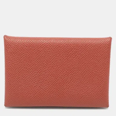 Pre-owned Hermes Hermès Calvi Duo Sienne Epsom Leather Card Holder In Brown