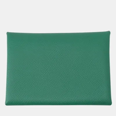 Pre-owned Hermes Calvi Duo Vert Vertigo Jaune Milton Epsom Leather Card Holder In Green