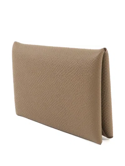 Pre-owned Hermes Calvi Epsom Card Case In Neutral