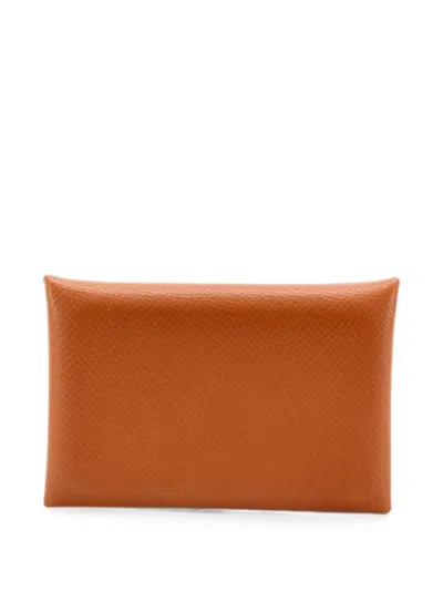 Pre-owned Hermes Calvi Epsom Card Holder In Brown