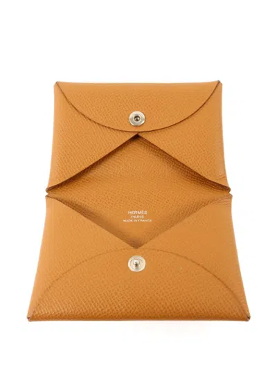 Pre-owned Hermes Calvi Epsom Wallet In Neutral