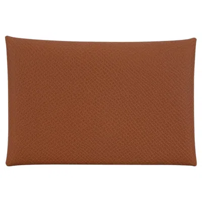 Pre-owned Hermes Calvi Gold Card Holder Epsom Leather In Brown