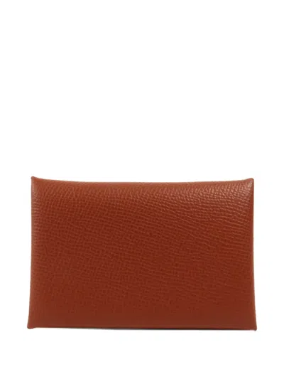 Pre-owned Hermes Calvi Leather Card Case In Brown