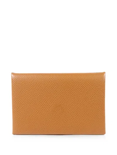 Pre-owned Hermes Calvi Leather Card Case In Brown