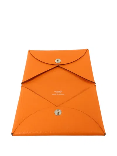 Pre-owned Hermes Calvi Mysore Card Holder In Orange