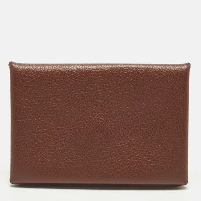 Pre-owned Hermes Calvi Sienne Evercolor Leather Card Holder In Brown