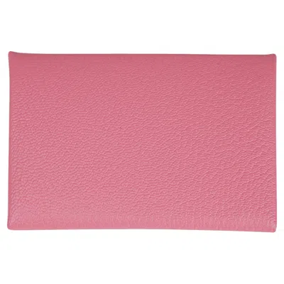 Pre-owned Hermes Calvi Verso Card Holder Rose Confetti With Brick Chevre Leather In Red