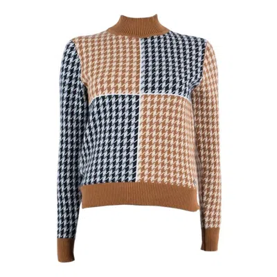Pre-owned Hermes Camel & Navy Cashmere 2019 Houndstooth Mock Neck Sweater 34 Xs In Blue