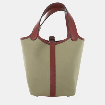 Pre-owned Hermes Bicolour Canvas/leather Picotin 18 Shoulder Bag In Brown