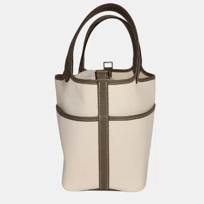 Pre-owned Hermes Cargo Ecru Toile Etoupe Swift Picotin 18 Bag Phw In White