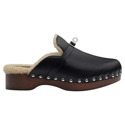 Pre-owned Hermes Carlotta Mules Black Calfskin / Shearling Palladium Kelly Buckle 36 / 6
